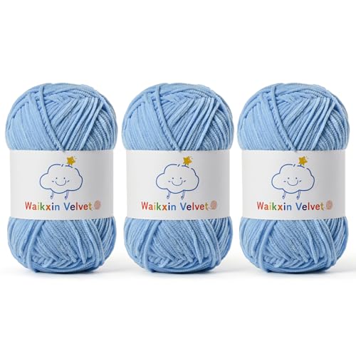 3 Pack Fluffy Chenille Yarn for Crocheting，Baby Yarn for Crocheting Soft，150g/5.28oz Velvet Amigurumi Yarn ，Fingering Weight Yarns for Crocheting Baby Blankets、DIY Craft.(3 Azure) - color: 3 Azure