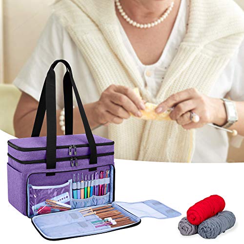 CURMIO Double-Layer Knitting Tote Bag, Yarn Storage for Crafts, Purple - color: purple