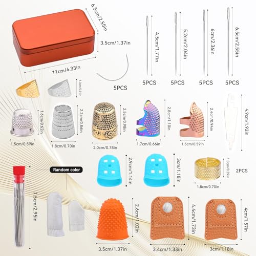 Mnuizu Sewing Thimble Set Thimble Ring, Adjustable Metal Finger Protectors | 25Pcs Sewing Needles, Finger Grips Embroidery Finger Protector Reusable for Sorting Mail, Quilting, Knitting and Crafts