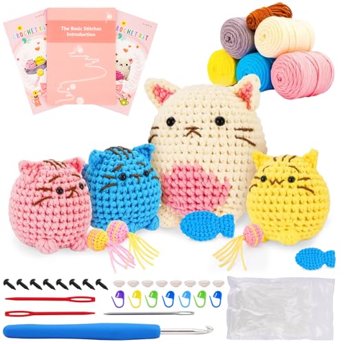 Crochet Kit for Beginners - Learn to Crochet 4 Adorable Cat Amigurumi with Step-by-Step Video Tutorial and Easy Peasy Yarn, Complete Starter Kit for Adults Kids, DIY Craft Gift for Birthday Christmas - color: Cat Family