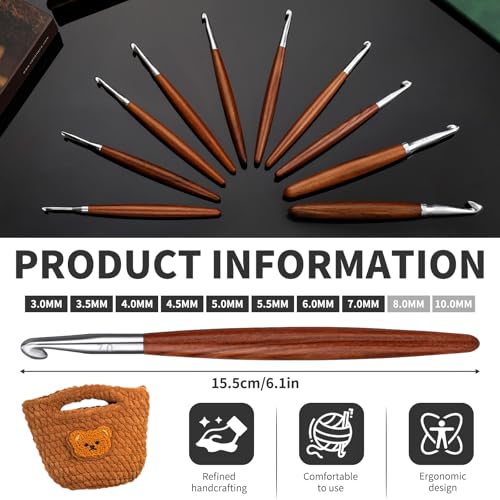 Lunarm Crochet Hook Set 8 Pack Ergonomic Aluminum Crochet Hooks | Size 3mm-7mm Wooden Handle Hooks for Arthritic Hands DIY Craft Knitting Bouquets, Blankets, Hats, Gloves from Various Yarns - size: 8 Pack- Full Size