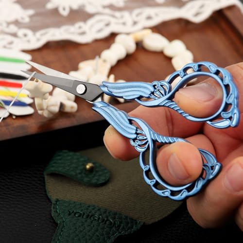 YOUGUOM Sharp Crochet Scissors, Small Sewing Embroidery Shears | All Purpose for Crafts, Artwork, Needlepoint, Cross Stitch, Paper Cutting, Detail Thread Snips, DIY Tools, with Cover, Blue - color: Blue
