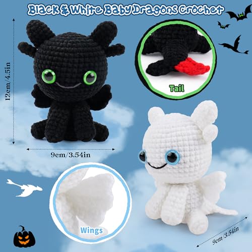 2PCS Dragons Crochet Kit for Beginners Crochet Starter Kit for Adults | Black and White Dragon Crochet Animal Kit with Step-by-Step Video Tutorials, Beginner Crocheting Kits for Birthday - color: Black White Dragon