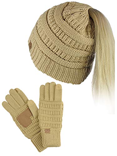 C.C BeanieTail Messy High Bun Cable Knit Beanie and Anti-Slip Touchscreen Gloves Set - color: Camel
