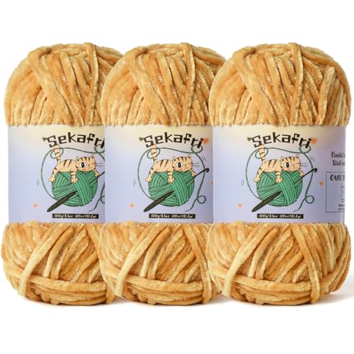 3 Pack Fuzzy Chenille Yarn for Crocheting,Velvet Baby Blanket Yarn for Crocheting,Soft Plush Yarns for Hand Knitting,(300 g/393yds) Fluffy Amigurumi Crochet Yarns (3 Khaki) - color: 3 Khak
