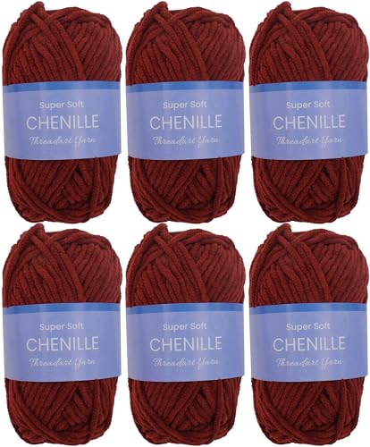ThreadArt 6 Pack Chenille Yarn for Crochet, #5, Burgundy 30 | Super soft plush chenille yarn for crochet, knitting, amigurumi, blankets and toys. Fluffy #5 weight, 50g/60yd skeins. - color: BURGUNDY, size: 6 PACK