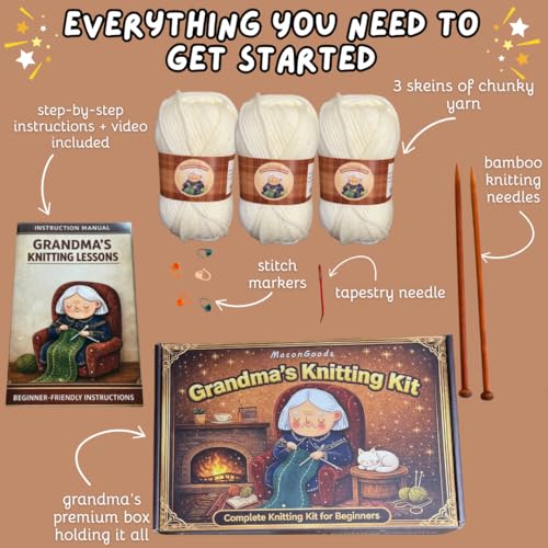 MaconGoods Grandma's Knitting Kit - Longer Scarf Kit - Complete Knitting Kit for Beginners - Includes Beginner Yarn, Bamboo Needles, Video Tutorial & Guide - Easy to Learn Knit Kit - style: Longer Scarf