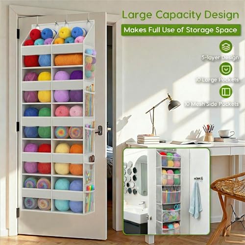 5 Tiers Over The Door Hanging Yarn Storage Organizer, Large Capacity Behind the Door Storage, Hanging Door Organizer for Knitting and Crochet, Back of Door Yarn Storage Holder (White) - color: White