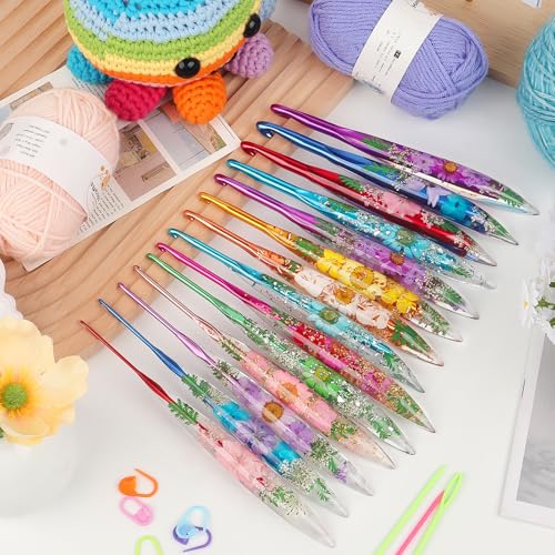 Katech 7.0mm Crochet Hook for Arthritic Hands, Long Aluminum Inline Hooks | Ergonomic Crochet Hooks with Dried Floral Grip-Elegant & Unique, Smooth Crochet Needle-Crochet Gift for Beginner&Crocheter - size: 7.0mm
