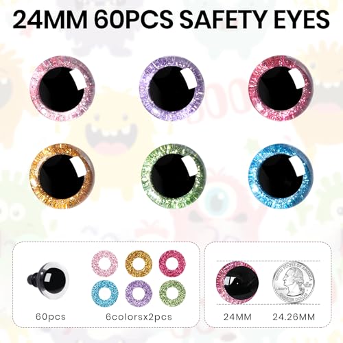 MUCUNNIA 60pcs 30mm 3D Glitter Plastic Safety Eyes for Amigurumi Trapezoid Craft Crochet Doll Eyes with Washers Stuffed Animal Eyes for DIY of Puppet, Bear Plush Animal Halloween Decorations(6 Colors) - size: 30mm