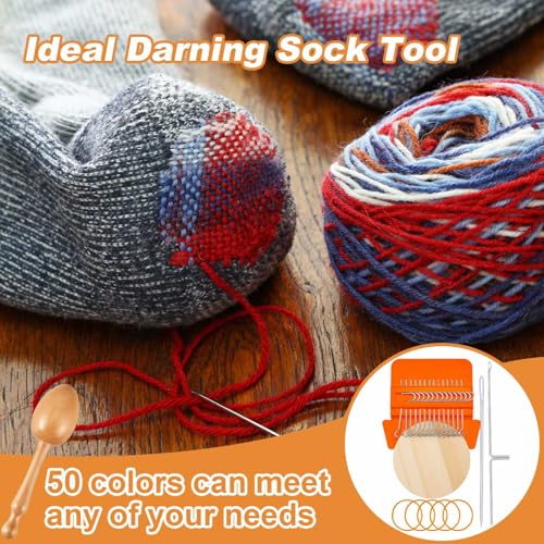 Jexine Mini Darning Egg for Socks 14 Hooks Small Speedweve Style Weaving Darning Loom with 9 Pcs Large Eye Needles 50 Colors Thread for Handcraft DIY Weaving Repair Tool(Bright Color) - color: Bright Color, size: 14 Hooks, style: Egg