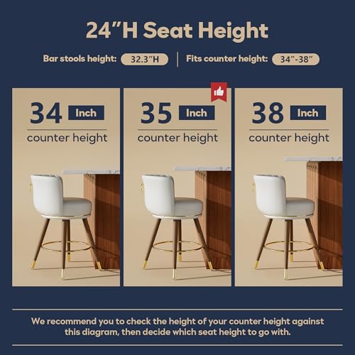 24 Inch White Leather Swivel Counter Bar Stools Set of 4 | Upholstered pleated backs, wood legs, gold footrests, 300lbs capacity swivel chairs for home kitchen islands - color: White, size: 24" Counter Height-4 Pieces