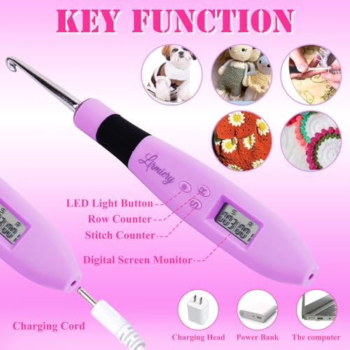 Counting Crochet Hook Set Digital Ergonomic Crochet Hook-LED and 2 Levels Brightness Dimmable Light Up Crochet Hooks& Digital Stitch Counter,Beginner Knitting Kit with 12 Interchangeable Crochet Hooks - size: 12size Counting Crochet