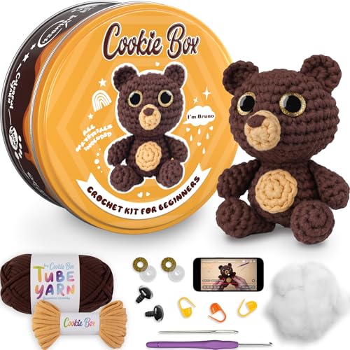 Cookie Box Crochet Kit for Beginners, Bear Bruno | All Materials Included, Step-by-Step Video Tutorials, PDF Patterns, Easy DIY Craft, Amigurumi and Knitting Gift Set - color: Brown