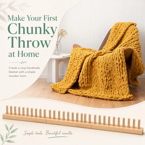 46-Inch Chunky Blanket Loom, Adjustable 3-Section Wooden Frame | Modular Design, No-needle Required, for Chunky Yarn Blankets, Lap Throws, Pillow Covers, and Beginner DIY Knitting Projects