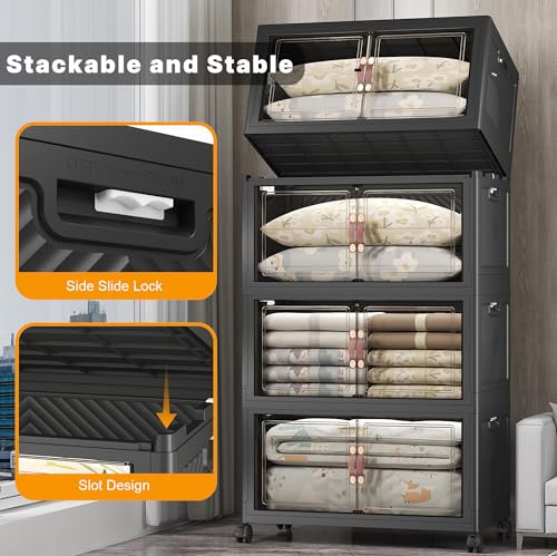 UAMFURI Stackable Storage Bins, 700QT Collapsible Drawers with 1 Lid | Large Capacity, Magnetic Door, Stack Lock, Rolling Wheels, Foldable Design, Organizers and Storage for Bedroom Dorm Garage - color: Dark-175QT, size: 4Pack with 1 top lid