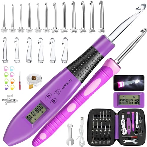 Light Up Crochet Hook Set with Digital Counter, 18 Size Interchangeable Ergonomic Crochet Hooks (2.0–14.0mm), USB Rechargeable Lighted Crochet Hook Kit with Case for Arthritic Hands & Beginners - size: 18 Crochet Hook - Purple