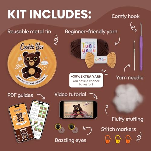 Cookie Box Crochet Kit for Beginners, Bear Bruno | All Materials Included, Step-by-Step Video Tutorials, PDF Patterns, Easy DIY Craft, Amigurumi and Knitting Gift Set - color: Brown