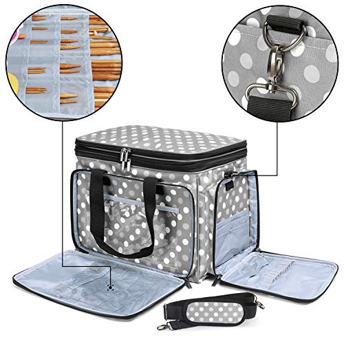 LUXJA Portable Yarn Knitting Storage Tote Bag, Gray Dots | Fits Knitting/Circular Needles Up to 14 Inches, Yarn Bag With Cover & Shoulder Strap for Crochet Hooks & Craft Accessories - color: Gray Dots