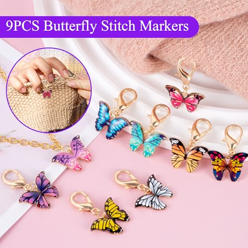 HUISUYTON 4Pcs Handmade Crochet Ring with 10 Pcs Butterfly Stitch Marker | Adjustable Crochet Tension Ring for Finger, Metal Open Yarn Guide Crocheting Loop Ring, Gifts for Crocheters Knitters Mother - color: Multicolored