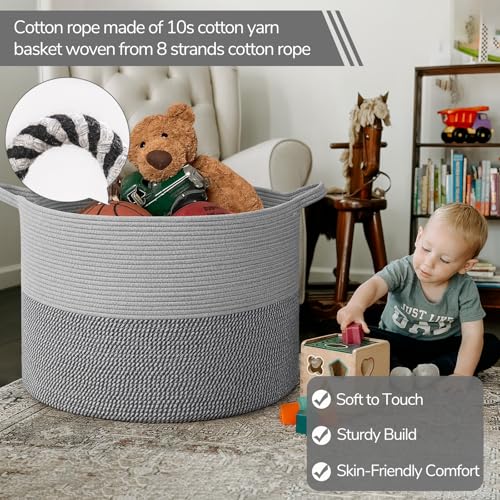 INDRESSME 115L Extra Large Woven Rope Blanket Basket Living Room, Grey | 23.6" x 15.7" Storage baskets for toys laundry & pillows. Fits living room, bedroom or nursery décor. Soft-touch with handles - color: Light & Dark Grey, size: 23.6"D x 15.7"H