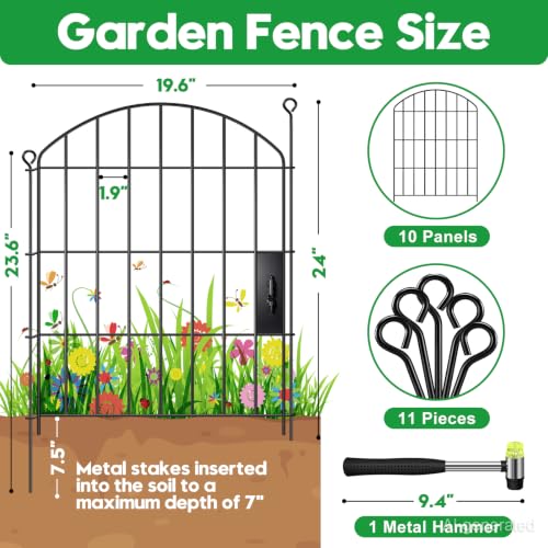 Decorative Garden Fence with gate 24in (H) x16ft (L),Arched Metal No Dig | Small Fence for Dogs & Rabbit,Ornamental Animal Barrier for Flower Beds,Border Panels Fencing for Yard & Patio Outdoor Decor - size: 10 Panels-24in(H) x 16ft(L) with Gate