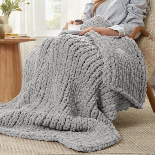 Chenille Chunky Knit Throw Blanket for Couch 50"x60", Light Grey | Handmade Chenille Crochet Throw for Sofa Bed, Thick Cable Knitted Blankets for Room Home Decor, Birthday Gift for Women - color: Light Grey, size: 50"x60"