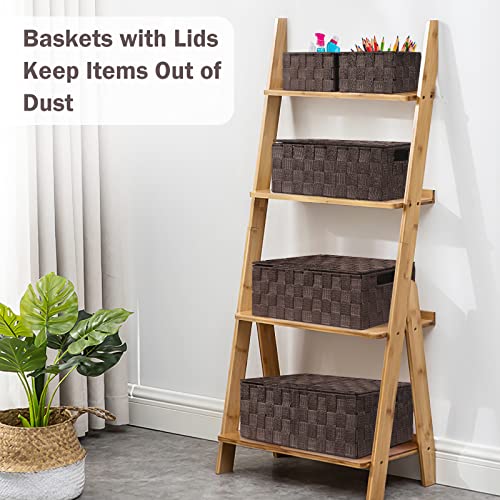 Storage Baskets with Lids: 5 Pack Stackable Woven Storage Bins, Brown | Decorative Woven Baskets for Organizing with Built-In Handles for Shelves, Closets, Cabinets and Cubbies, Gift Small Basket - color: Brown, size: 5pack with Lids