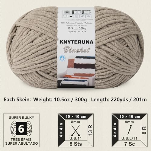 #6 Super Bulky Blanket Yarn for Crocheting - 4 Skeins(Each 10.5oz/300g, 220yds/201m), Chunky Chenille Thick Plush Big Soft Yarn for Crocheting Knitting Blankets, Khaki - color: Khaki