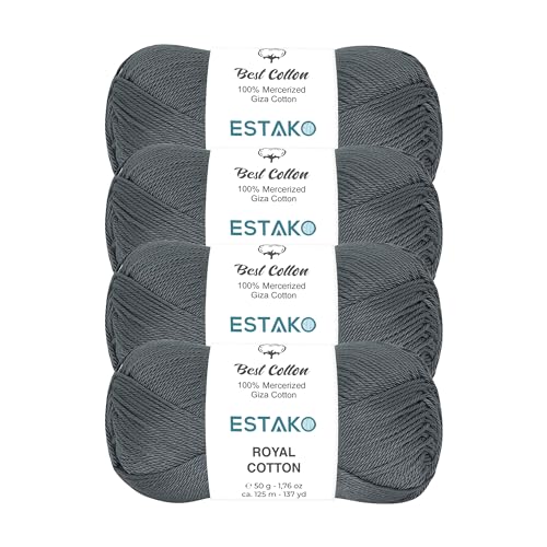 Estako Royal Cotton, 100% Mercerized Giza Cotton Yarn, Dark Grey, 4-Pack | soft, silky sheen, super fine, fingering 1, sock weight, 200 g, 548 yds, baby clothes, summer tops - color: 5055 - Dark Grey, size: 4 Skeins