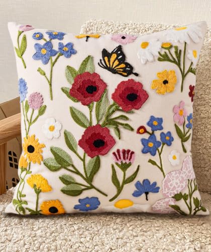 Embroidered Throw Pillow Cover 18x18 Inch, Retro Flower | Decorative Pillow Cover, Vintage Boho Cushion Case with Hidden Zipper, Floral Decor for Couch, Sofa, Living Room, Bedroom - color: Retro Flower, size: 18" x 18" (Pack of 1)