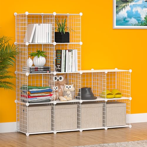 Cube Storage Organizer, Metal 12-Cube Shelves Bookshelf, Portable Closet Clothes Organizer for Bedroom, Home, Office, White - color: White Plus Iron, size: 12 Cubes