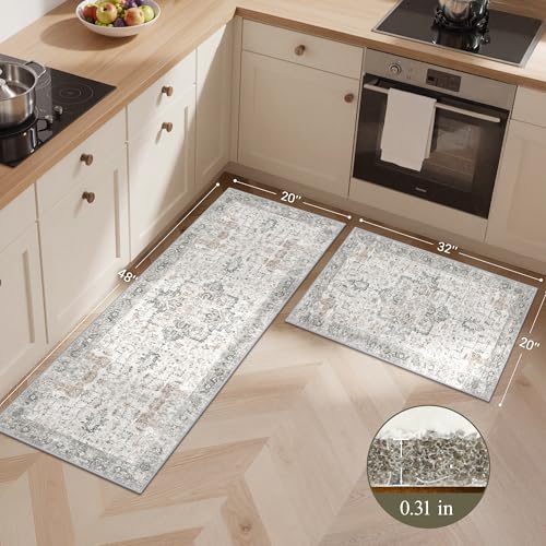 GENIMO Kitchen Rugs Set of 2, Washable Non Slip Cushioned Mats for Floor | 20"x32"&20"x48", Light Taupe Brown vintage boho rug, soft faux cashmere, easy-clean for laundry, entryway, sink, farmhouse - color: Light Taupe Brown, size: 20"x32"+20"x48"