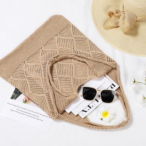 WantGor Crochet Bags, Beach Mesh Tote Bag Womens Shoulder Shopping Handbag | Casual Travel Totes Bag Foldable Hobo Bags - color: Yellowish-brown