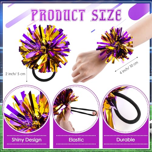 Shappy Mini Pompom Hair Tie 4inch Cheerleading Ponytail Holder | Team Spirit Design, Elastic Hair Ropes, Compact Cheer Accessories for Football Games, Dance Events and Party Favors - color: Purple Gold