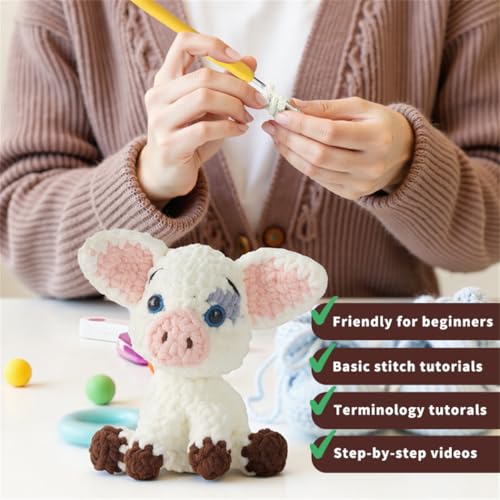 Linhao Jew Crochet Kit for Beginners – Knitting Kits Cute Animal Kitten Keychain with Pre-Started Easy Yarn, Step-by-Step Video Tutorials for Adults DIY Crafts (Pig) - color: pig