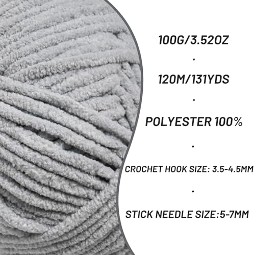 3 Packs Plush Chenille Chunky Crochet Yarn - Baby Yarn for Crocheting Soft - Velvet Yarns Knitting for Blankets Crafts - Fluffy Amigurumi Yarns 300g / 393yd (3 Grayish) - color: 3 Grayish