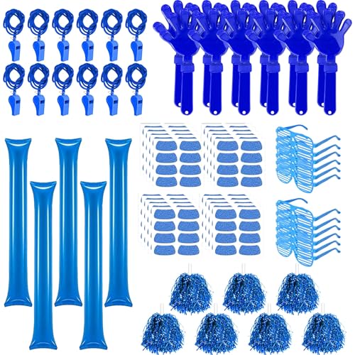 148 Pcs Team Spirit Accessories,Cheerleading Pom Poms Hand Clappers Noisemakers Whistles Shutter Glasses Eye Black Sticker for Sports Events Football Baseball School - color: Blue