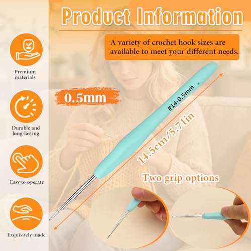 SHWAKK Small Crochet Hook, 0.5 mm Lace Ergonomic Crochet Hooks | Tiny Crochet Needles for Arthritic Hands, Knitting Needles with Soft Handle Beginners and Experienced Hobbyists (0.5 mm) - size: 0.5mm