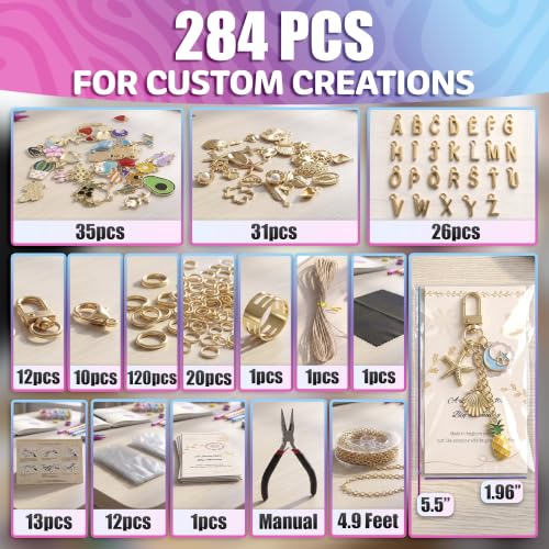 AZZORI Lip Gloss Keychain Making Kit, 284 Pcs, Plier & Ring Opener | Bag Charm Making Kit: 66 Cherry, Heart, Star, Pearl Bow, Fruit Charms, 26 A-Z Letters, Lobster Clasps; Gift-Ready in Zip Bags - color: Keychain Kit - 283 Pcs