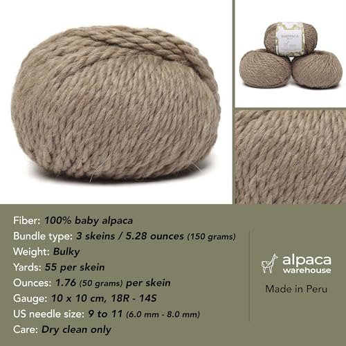 100% Baby Alpaca Yarn 3 Skeins 150g Bulky Weight Knitting Crochet Beige | Made in Peru with natural warmth and softness featuring 162yd of premium fiber ideal for scarves shawls sweaters and more - color: Beige, size: Bulky - 3 Skeins