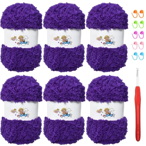 6 PCS Soft Coral Velvet Chenille Yarn for Crocheting,Fluffy Yarn for Knitting and Crochet DIY Craft,Warm Crochet for Bag Hat Scarve Gloves Slippers Dolls(Violet) - color: violet