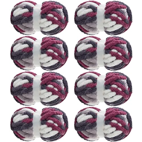 MABOZOO Tie Dye Chunky Yarn for Crocheting 8 Pack,Fluffy Jumbo Chenille Yarn,Soft Plush Yarn Bulky,Giant Thick Fuzzy Yarn for Hand Knitting or Arm Knitting,Purple Multi (26 yds,8 oz Each Skein) - color: Purple,Wine Red,White