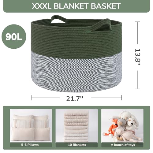 INDRESSME XXXLarge Woven Rope Blanket Basket Living Room Green, 90L | 21.7" x 13.8" Storage baskets for toys laundry & pillows. Fits living room, bedroom or nursery décor. Soft-touch with handles - color: Green & White, size: 21.7"D x 13.8"H