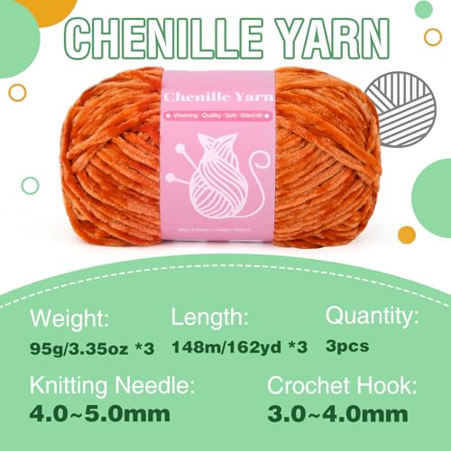 LUNARM Chenille Yarn for Crochet Knitting Chunky Blanket Velvet Yarn | 3 Pack 3.5oz/100g 486 Yard Orange Chenille Yarn for Beginners Knitting Scarves with Big Eye Needles Machine Washable - color: Fresh Orange