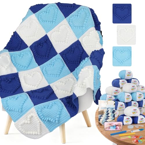 Coopay Crochet Kit for Beginners, 3D Heart Granny Square Blanket Kit, Set B | Complete Bobble Stitch Crochet Blanket Kit with Video Tutorial, Easy DIY Crochet Kit for Adults, Ideal Crochet Gift - color: Blue/White Heart-Shaped