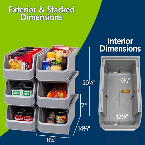 ReadySpace Large Stackable Plastic Storage Bins, 6-Pack, Grey | Open-Front Stackable Bins For Garage, Pantry, Closet & Office, 14,8"L X 8"W X 7"H, Nests When Empty, Durable Plastic, - color: Grey, size: Large, 6-Pack