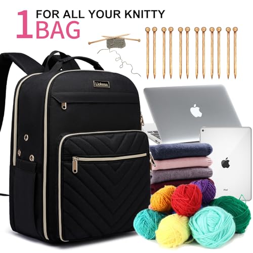 Liokesa Knitting Bag Backpack, Crochet Bag Tote, Large Yarn Storage Tote Bag with USB Charging Port, Mothers Day Gifts Yarn Holder Case for Carrying Projects, Knitting Needles, Yarn Supplies, Black - color: Black