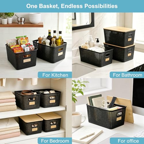 Bagnizer 2 Pack Tall Plastic Storage Bins with Bamboo Lids, 10.8qt Stackable Storages Baskets for Organizing Desktop Closet Playroom Classroom Office, 12"L x 8.3"W x 6.1"H, Black - color: Black, size: Tall- 2 Pack