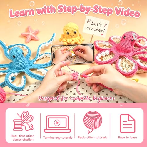 MAGIMUSE Crochet Kit for Beginners, Octopus Family Amigurumi Craft Kit | Includes Step-by-Step Video Tutorials and 40% More Yarn, Ideal for Beginner Crochet Projects.